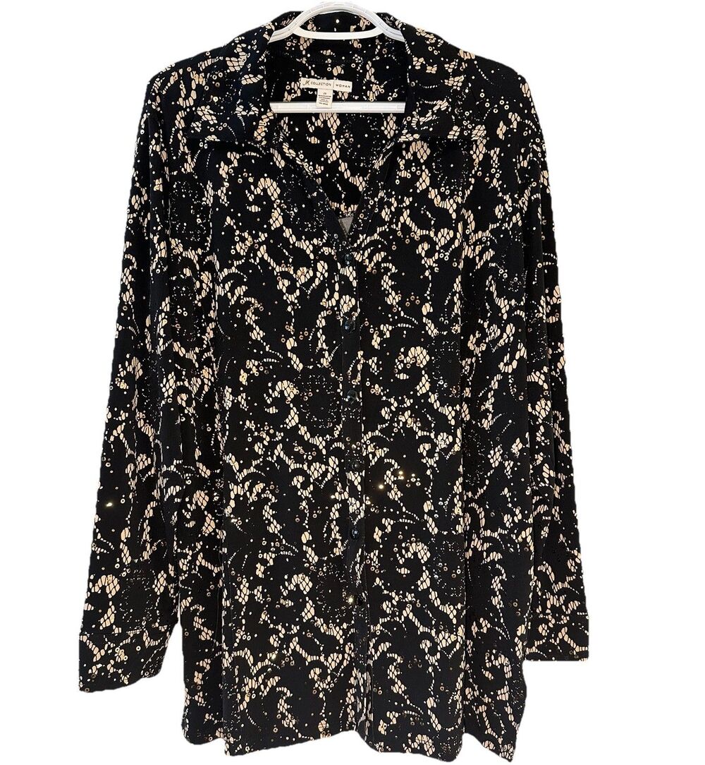 JM Collection Woman 2X Black Gold Sequin Blouse Plus Size Button Front Stretch